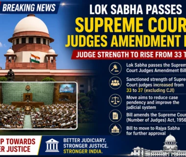 Breaking news graphic showing the Supreme Court of India after the Lok Sabha passed the Supreme Court Judges Amendment Bill, increasing the sanctioned strength of Supreme Court judges from 33 to 37 to help reduce case pendency.