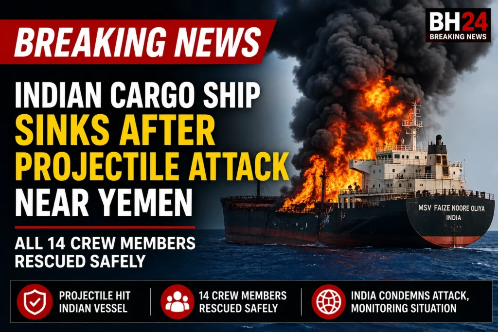 Indian cargo ship MSV Faize Noore Oliya on fire after a projectile attack near Yemen in the Red Sea, with all 14 crew members rescued safely.