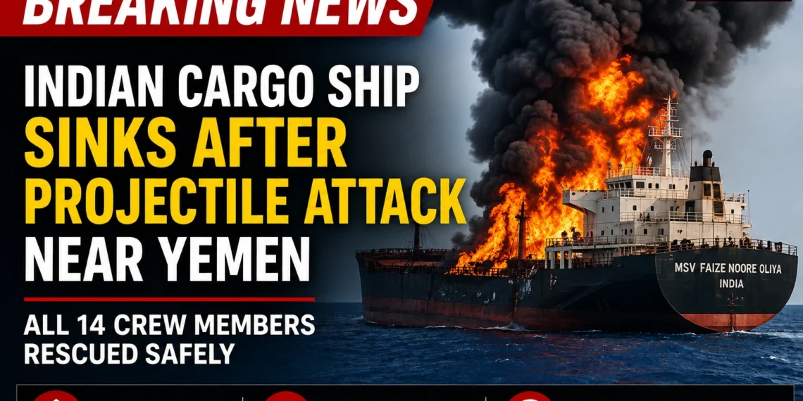 Indian cargo ship MSV Faize Noore Oliya on fire after a projectile attack near Yemen in the Red Sea, with all 14 crew members rescued safely.