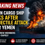 Indian cargo ship MSV Faize Noore Oliya on fire after a projectile attack near Yemen in the Red Sea, with all 14 crew members rescued safely.
