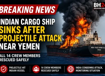 Indian cargo ship MSV Faize Noore Oliya on fire after a projectile attack near Yemen in the Red Sea, with all 14 crew members rescued safely.
