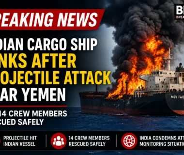 Indian cargo ship MSV Faize Noore Oliya on fire after a projectile attack near Yemen in the Red Sea, with all 14 crew members rescued safely.