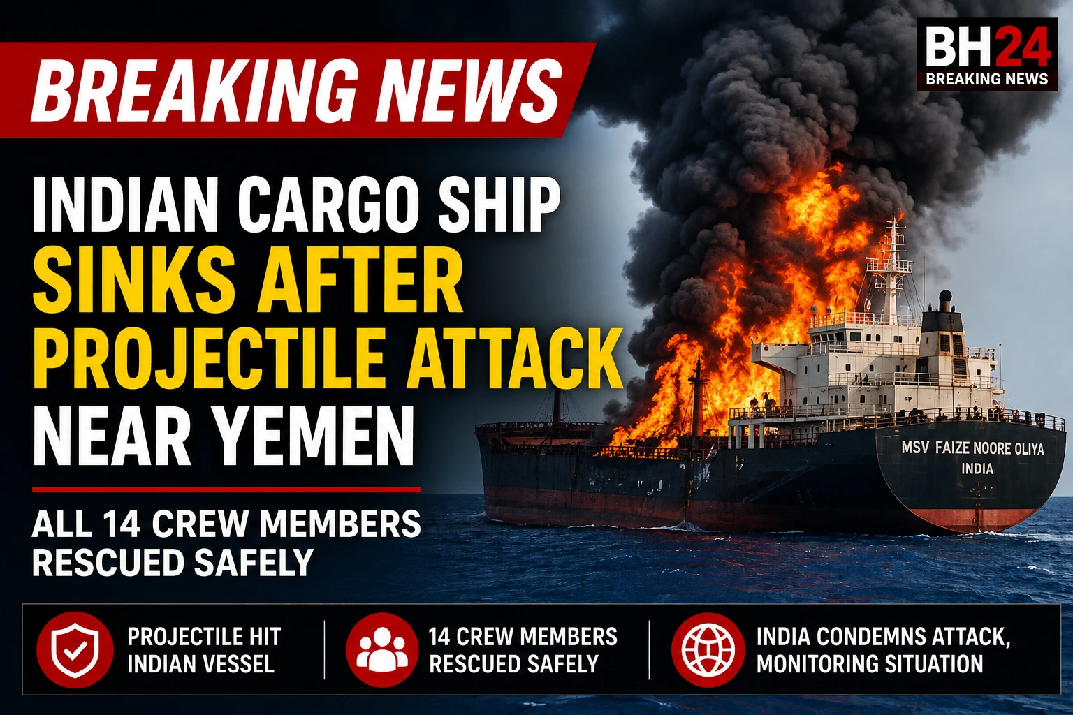 Indian cargo ship MSV Faize Noore Oliya on fire after a projectile attack near Yemen in the Red Sea, with all 14 crew members rescued safely.