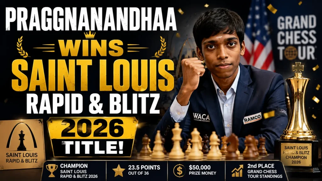 R Praggnanandhaa celebrates after winning the Saint Louis Rapid & Blitz 2026 title.