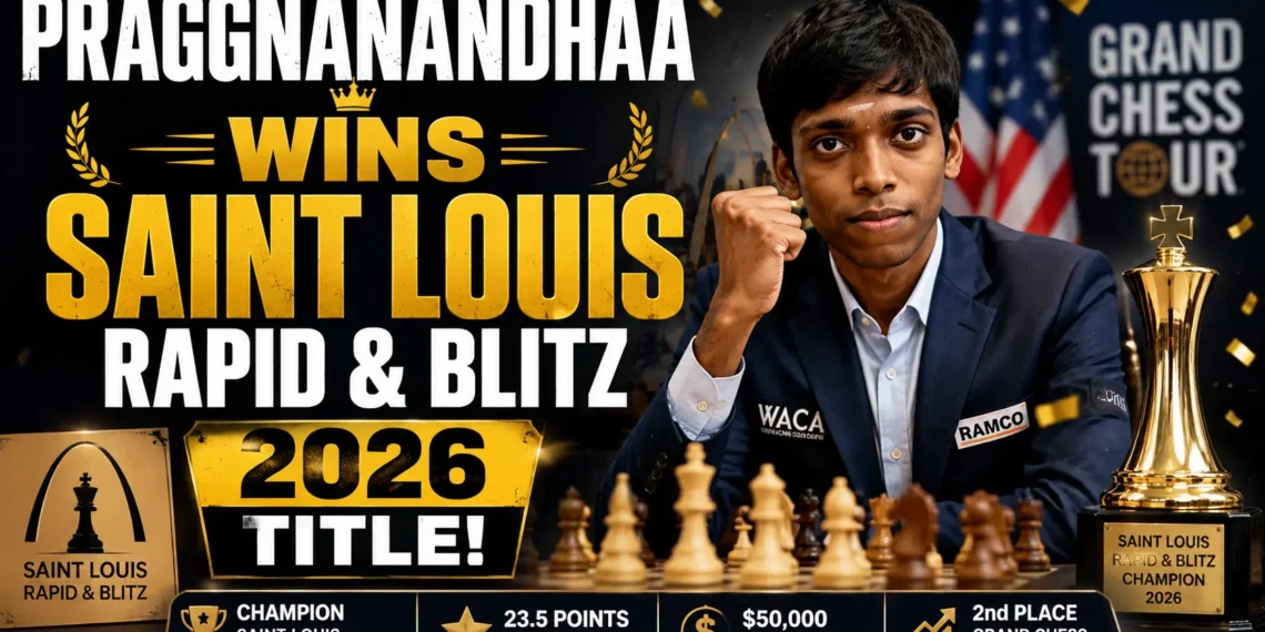 R Praggnanandhaa celebrates after winning the Saint Louis Rapid & Blitz 2026 title.
