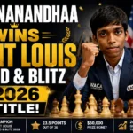 R Praggnanandhaa celebrates after winning the Saint Louis Rapid & Blitz 2026 title.