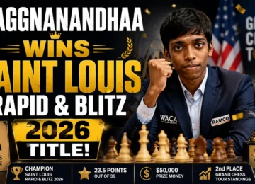 R Praggnanandhaa celebrates after winning the Saint Louis Rapid & Blitz 2026 title.