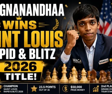 R Praggnanandhaa celebrates after winning the Saint Louis Rapid & Blitz 2026 title.