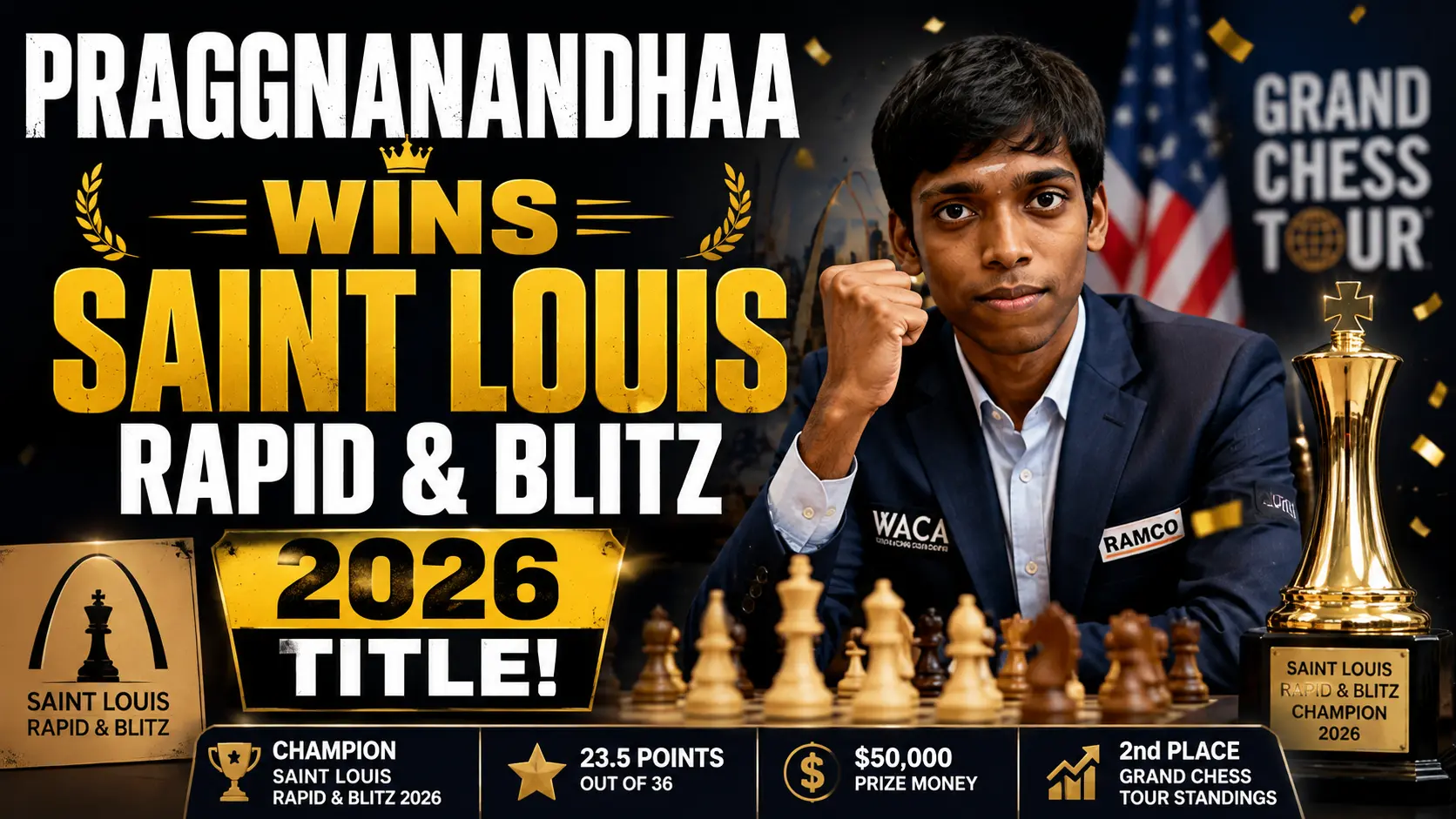 R Praggnanandhaa celebrates after winning the Saint Louis Rapid & Blitz 2026 title.