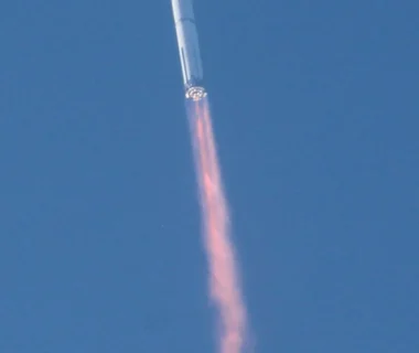 SpaceX Starship rocket launching from Starbase during a flight test