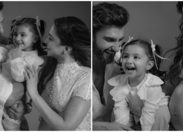 Deepika Padukone flaunts baby bump with Ranveer Singh and daughter Dua in rare family photos.
