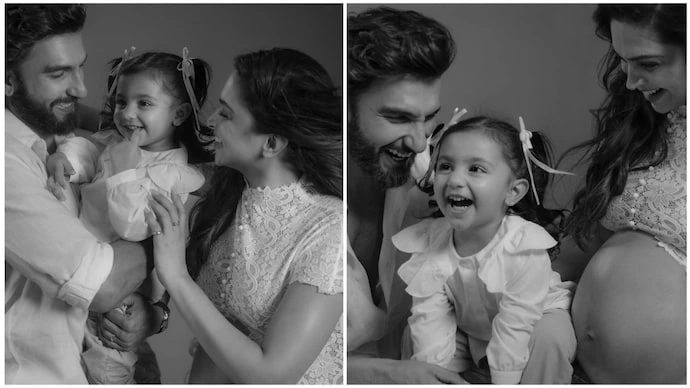 Deepika Padukone flaunts baby bump with Ranveer Singh and daughter Dua in rare family photos.