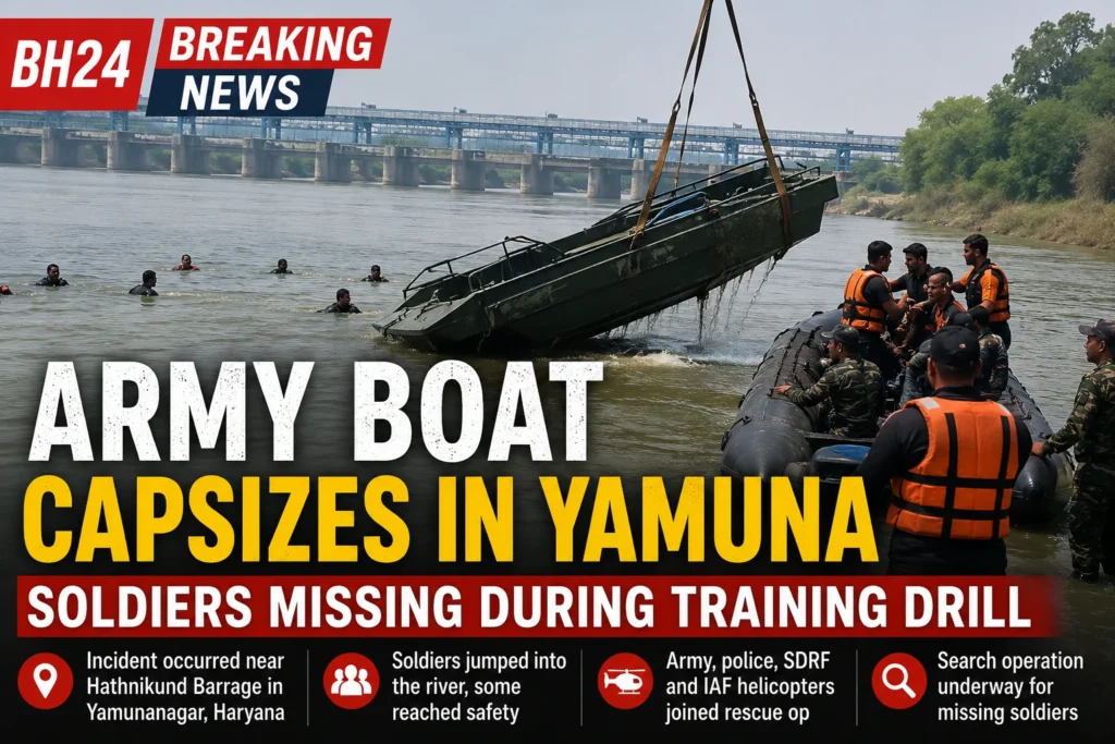 Indian Army boat capsizes in Yamuna during a training drill near Hathnikund Barrage in Haryana.
