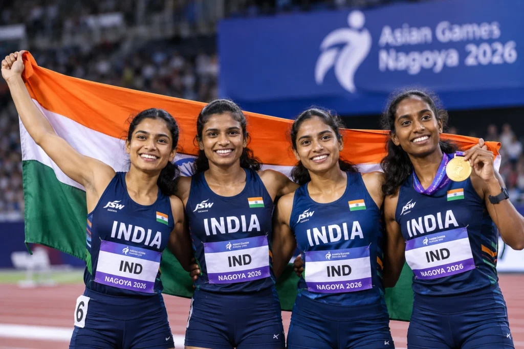India Women’s 4x400m Relay team celebrates winning gold at Asian Games 2026