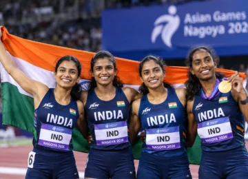 India Women’s 4x400m Relay team celebrates winning gold at Asian Games 2026