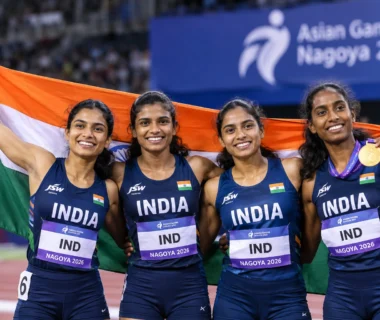 India Women’s 4x400m Relay team celebrates winning gold at Asian Games 2026