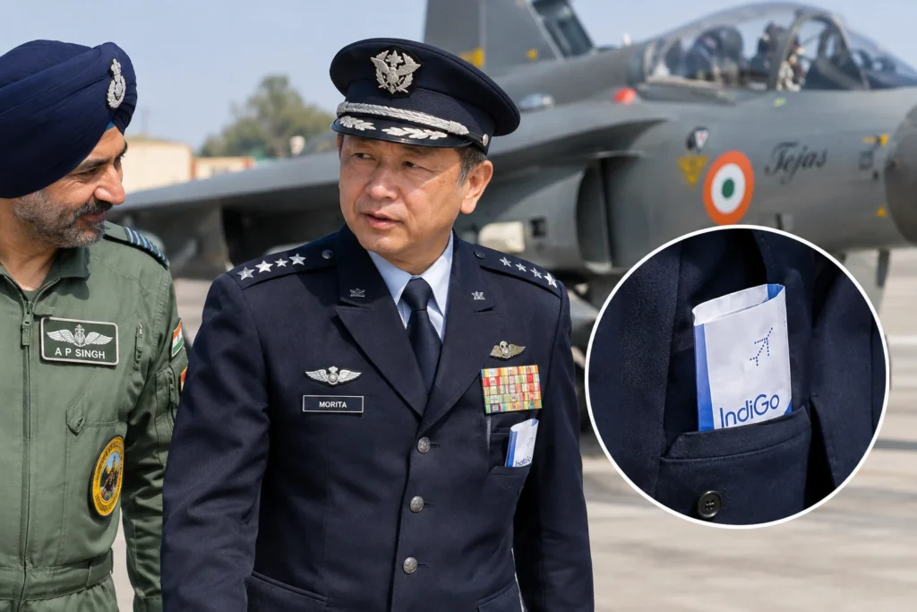 Japanese Air Force Chief Takehiro Morita was spotted with an apparent IndiGo airsickness bag during Veer Guardian-2026 in Jodhpur.