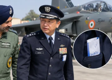 Japanese Air Force Chief Takehiro Morita was spotted with an apparent IndiGo airsickness bag during Veer Guardian-2026 in Jodhpur.