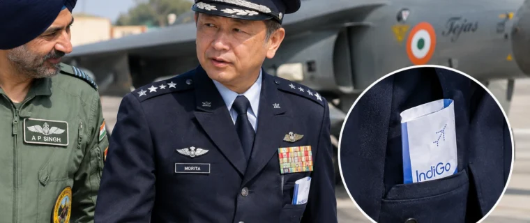 Japanese Air Force Chief Takehiro Morita was spotted with an apparent IndiGo airsickness bag during Veer Guardian-2026 in Jodhpur.
