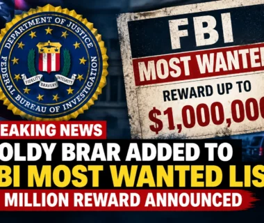 FBI Most Wanted graphic showing Goldy Brar added to the list and a $1 million reward announcement.