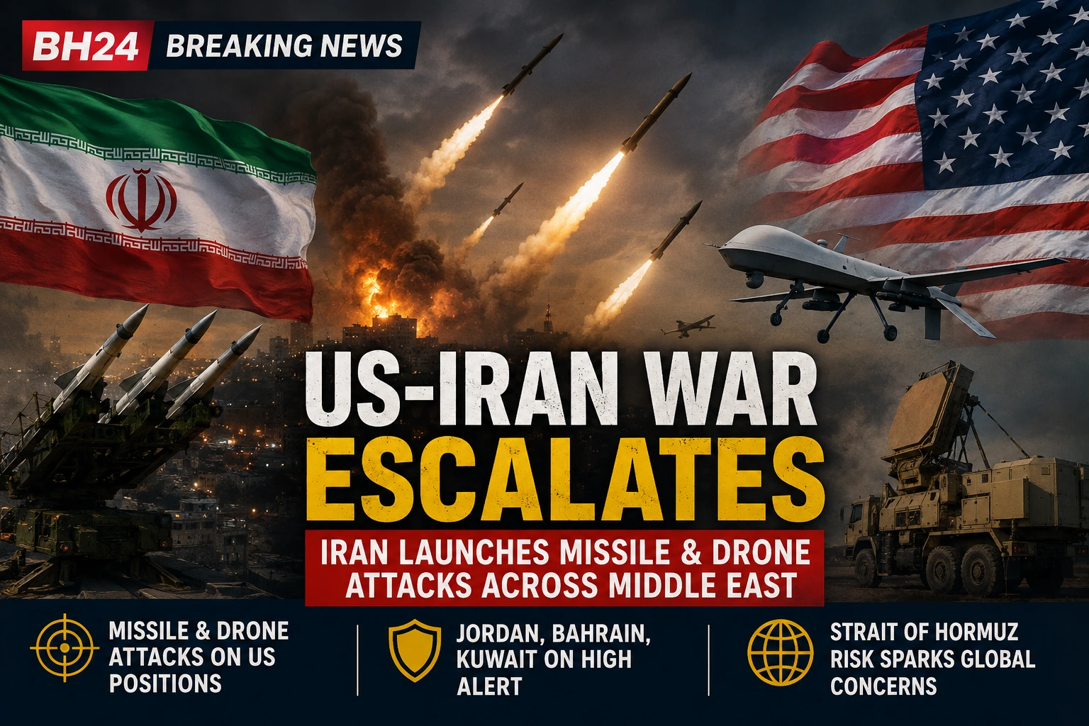 US-Iran War escalates as Iran launches missile and drone attacks across the Middle East.