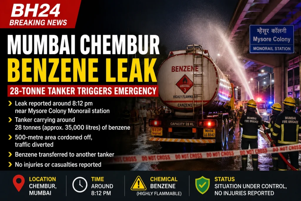 Mumbai Chembur benzene leak from a 28-tonne tanker near Mysore Colony Monorail station, with firefighters responding to the chemical emergency