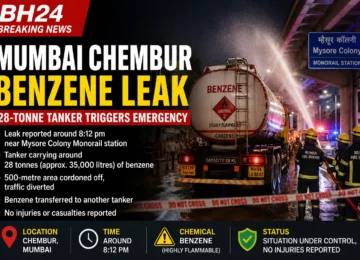 Mumbai Chembur benzene leak from a 28-tonne tanker near Mysore Colony Monorail station, with firefighters responding to the chemical emergency
