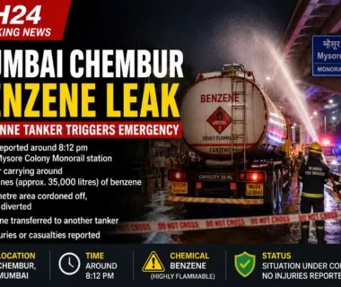 Mumbai Chembur benzene leak from a 28-tonne tanker near Mysore Colony Monorail station, with firefighters responding to the chemical emergency
