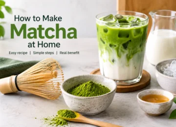 How to make matcha at home with matcha powder, bamboo whisk and iced matcha latte