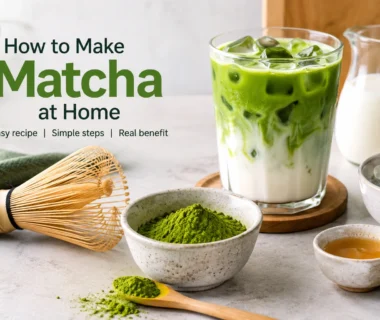 How to make matcha at home with matcha powder, bamboo whisk and iced matcha latte