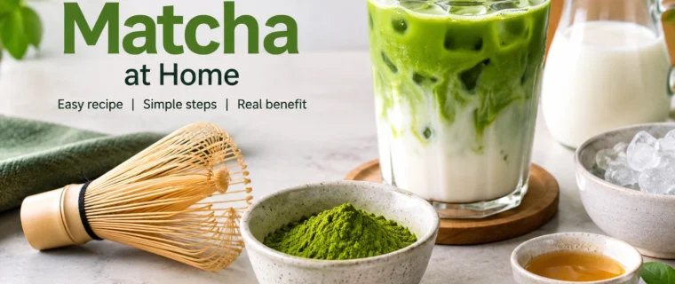 How to make matcha at home with matcha powder, bamboo whisk and iced matcha latte