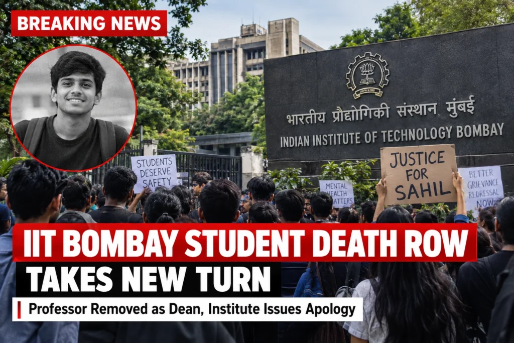 IIT Bombay student death case as students protest on campus, with institute building and a tribute to Sahil Wakode