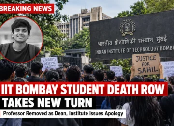 IIT Bombay student death case as students protest on campus, with institute building and a tribute to Sahil Wakode