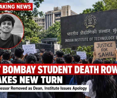 IIT Bombay student death case as students protest on campus, with institute building and a tribute to Sahil Wakode