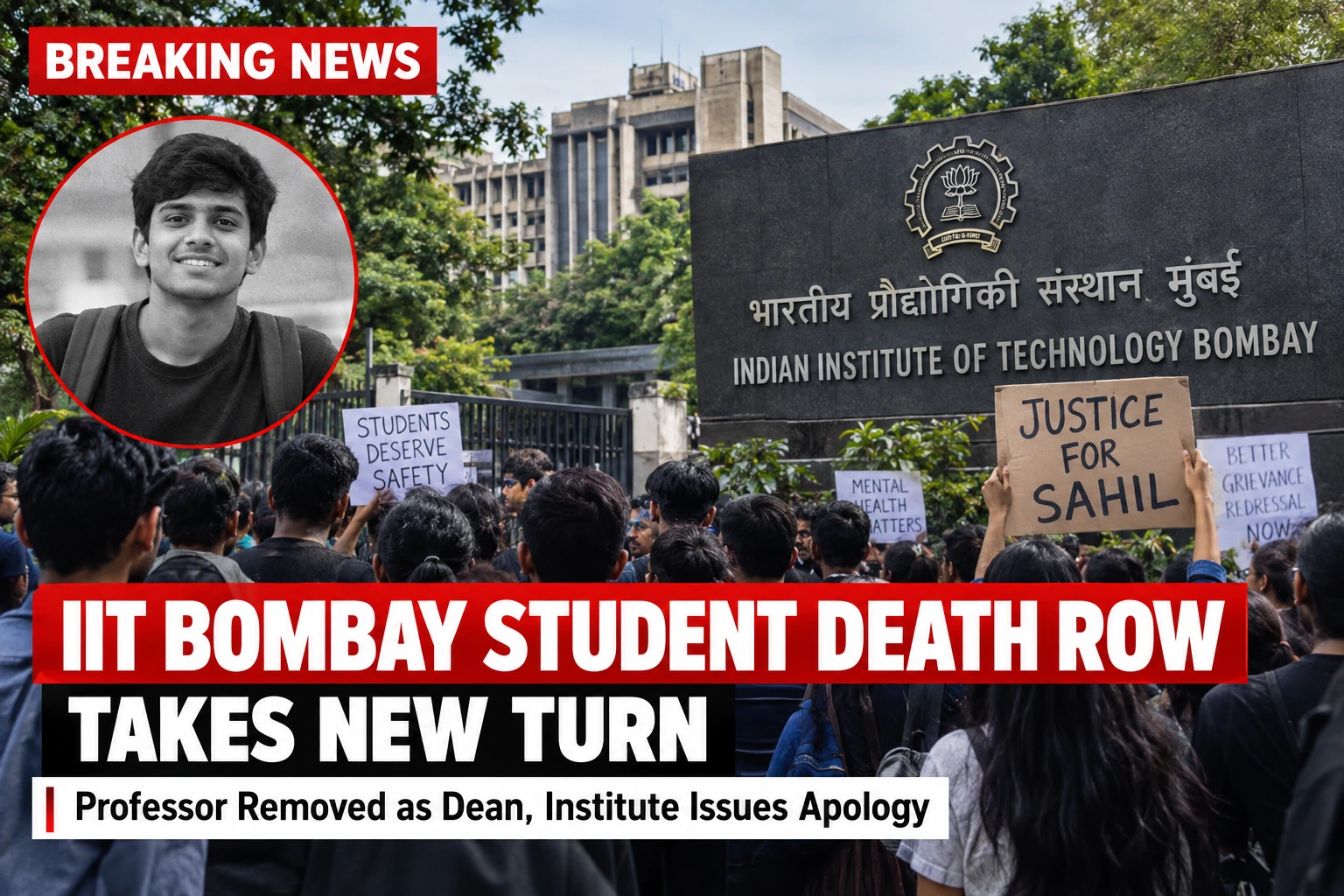 IIT Bombay student death case as students protest on campus, with institute building and a tribute to Sahil Wakode