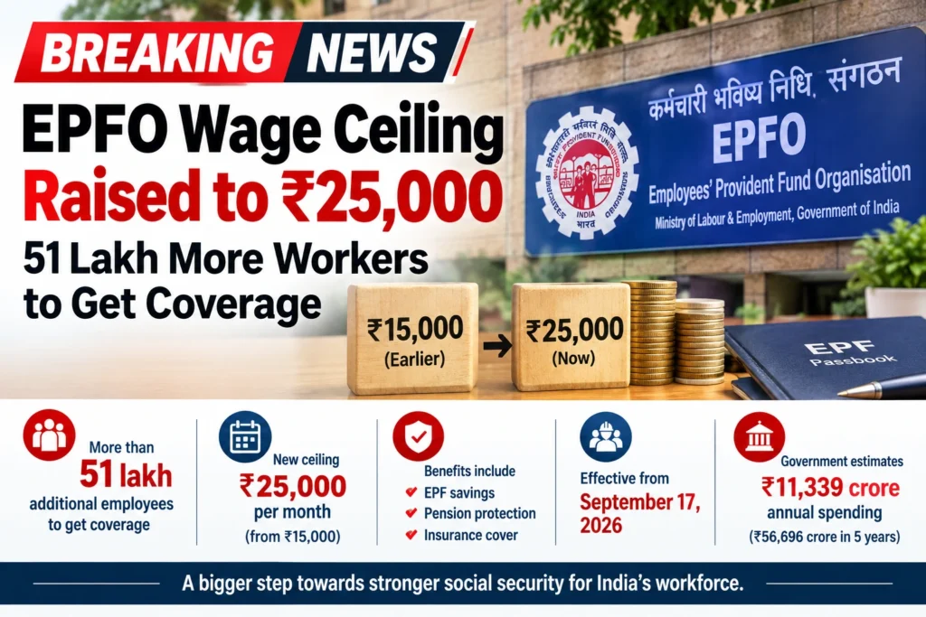 EPFO wage ceiling increased from ₹15,000 to ₹25,000, benefiting 51 lakh additional workers from September 17, 2026.