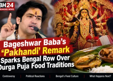 Bageshwar Baba’s “Pakhandi” remark sparks controversy in Bengal over fish and meat during Durga Puja.