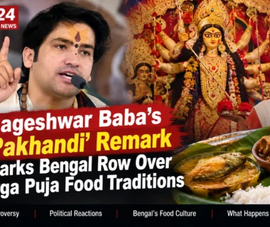 Bageshwar Baba’s “Pakhandi” remark sparks controversy in Bengal over fish and meat during Durga Puja.