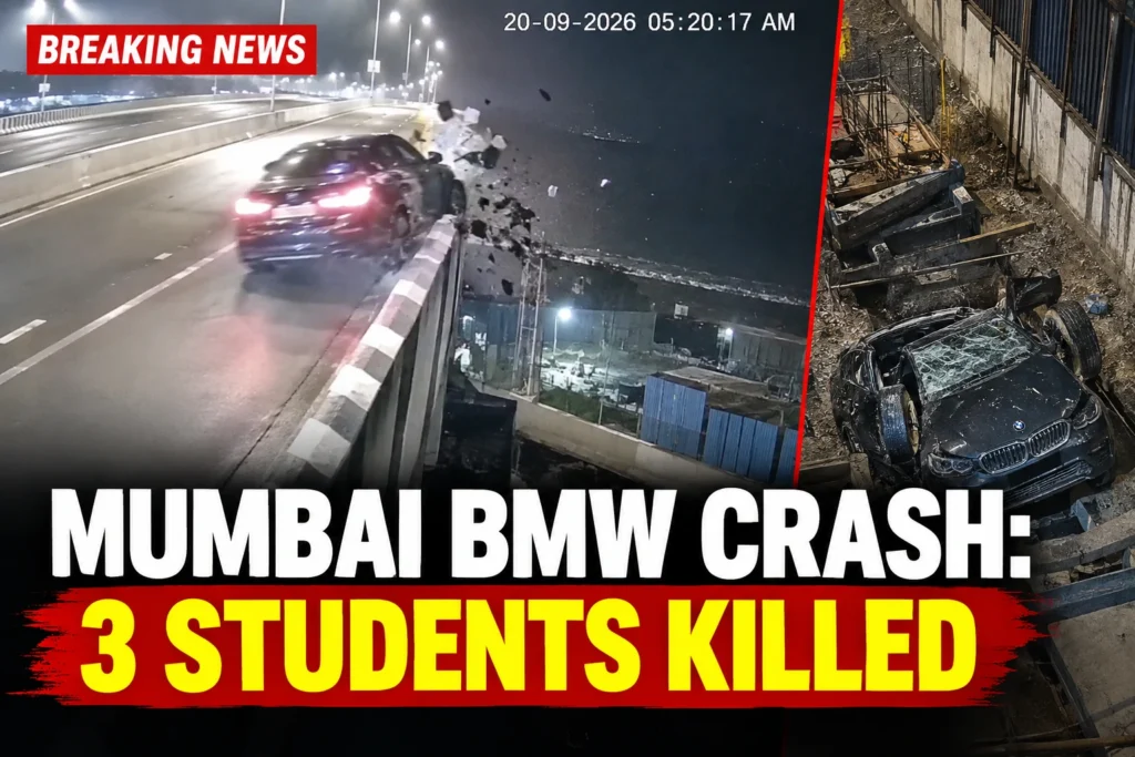 Mumbai BMW crash on Coastal Road as car crashes through barrier and falls from elevated road, killing three students.