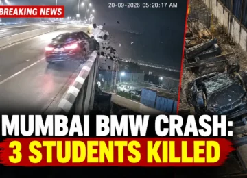Mumbai BMW crash on Coastal Road as car crashes through barrier and falls from elevated road, killing three students.