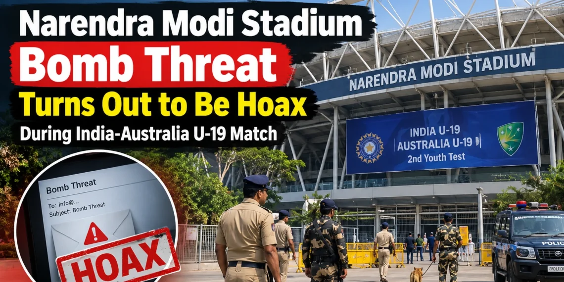 Narendra Modi Stadium bomb threat security check during India Australia U-19 match