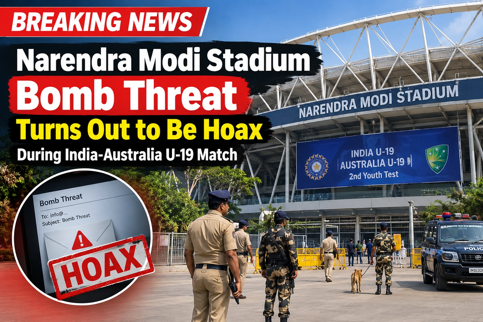 Narendra Modi Stadium bomb threat security check during India Australia U-19 match