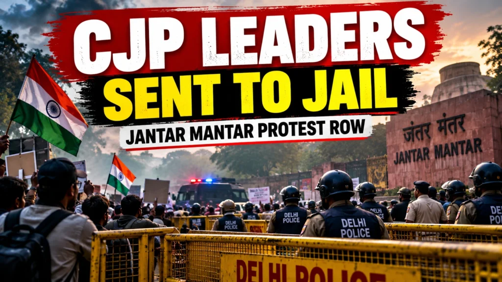 Dramatic thumbnail showing Delhi Police and protesters at Jantar Mantar with the headline CJP Leaders Sent to Jail.