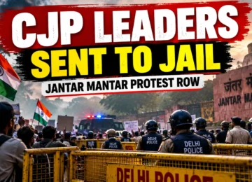 Dramatic thumbnail showing Delhi Police and protesters at Jantar Mantar with the headline CJP Leaders Sent to Jail.