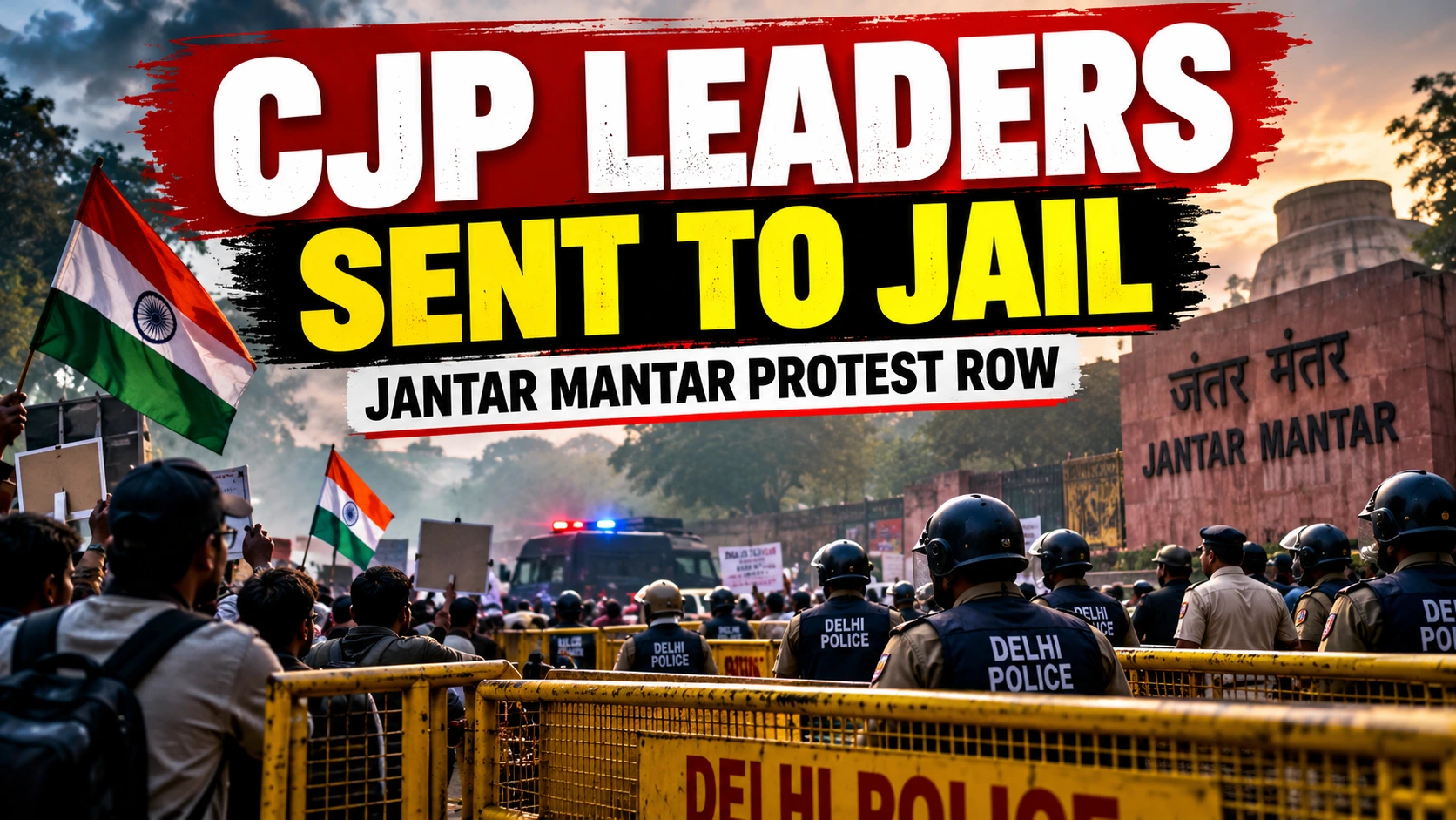 Dramatic thumbnail showing Delhi Police and protesters at Jantar Mantar with the headline CJP Leaders Sent to Jail.