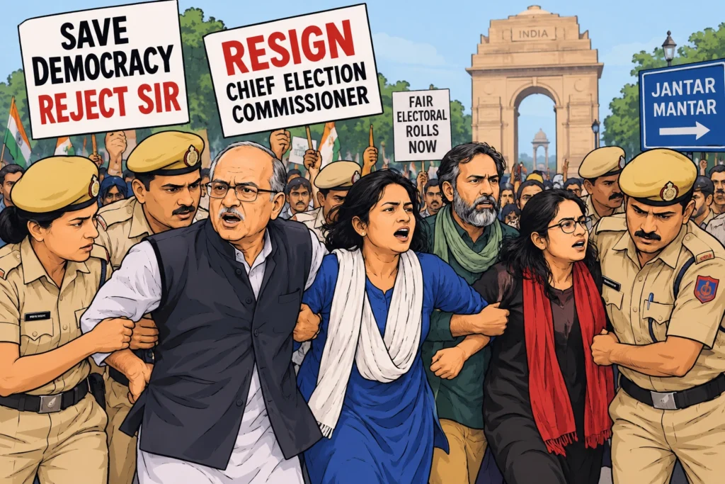 Delhi anti-CEC protest with police detaining protesters during a march in New Delhi