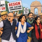 Delhi anti-CEC protest with police detaining protesters during a march in New Delhi