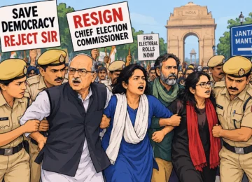 Delhi anti-CEC protest with police detaining protesters during a march in New Delhi