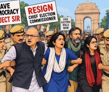 Delhi anti-CEC protest with police detaining protesters during a march in New Delhi