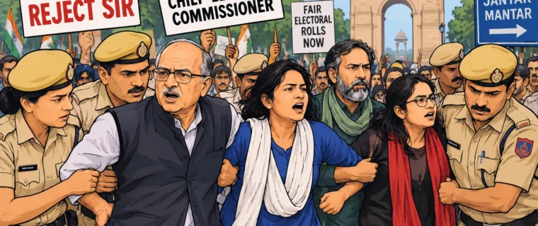 Delhi anti-CEC protest with police detaining protesters during a march in New Delhi
